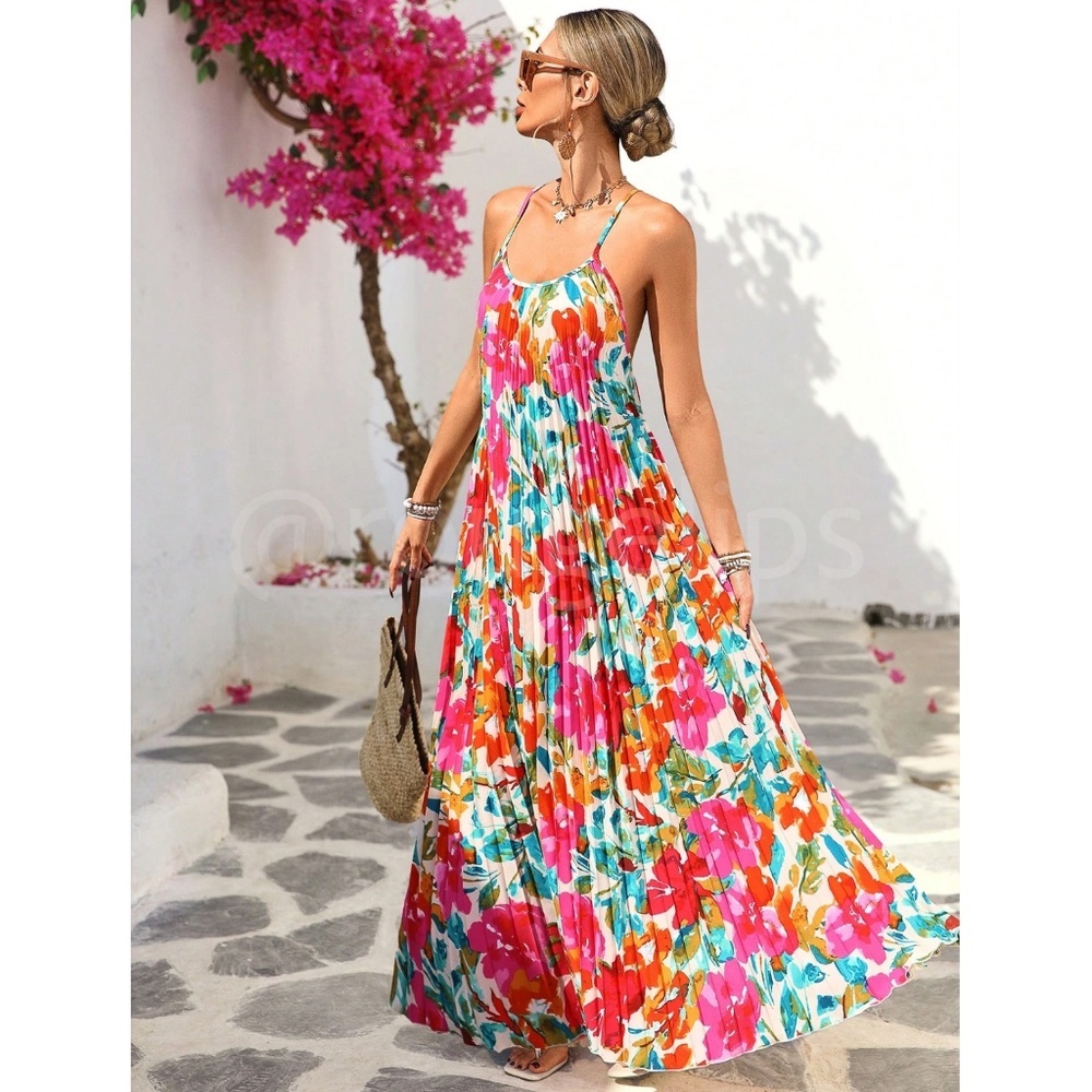 Bright Floral Multicolor Tropical Pleated Maxi Flared Dress - Picture 5 of 8